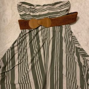 Strapless green and brown dress. With brown belt.